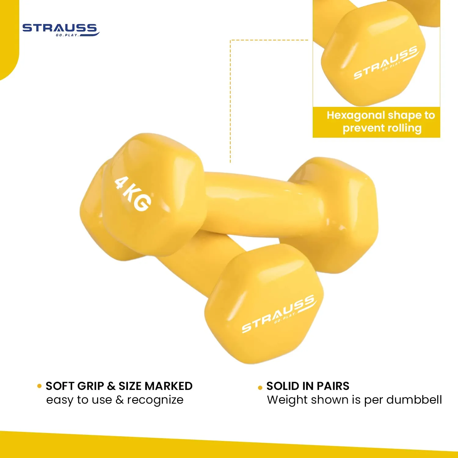 Strauss Premium Vinyl Dumbbells Weight for Men & Women | 4 Kg (Each) | 8 Kg (Pair) | Ideal for Home Workout, Yoga, Pilates, Gym Exercises | Non-Slip, Easy to Hold, Scratch Resistant (Yellow)