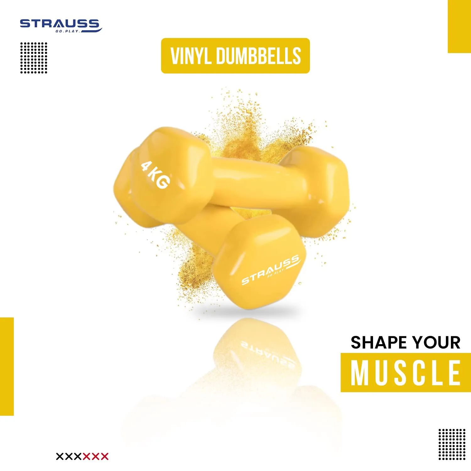 Strauss Premium Vinyl Dumbbells Weight for Men & Women | 4 Kg (Each) | 8 Kg (Pair) | Ideal for Home Workout, Yoga, Pilates, Gym Exercises | Non-Slip, Easy to Hold, Scratch Resistant (Yellow)