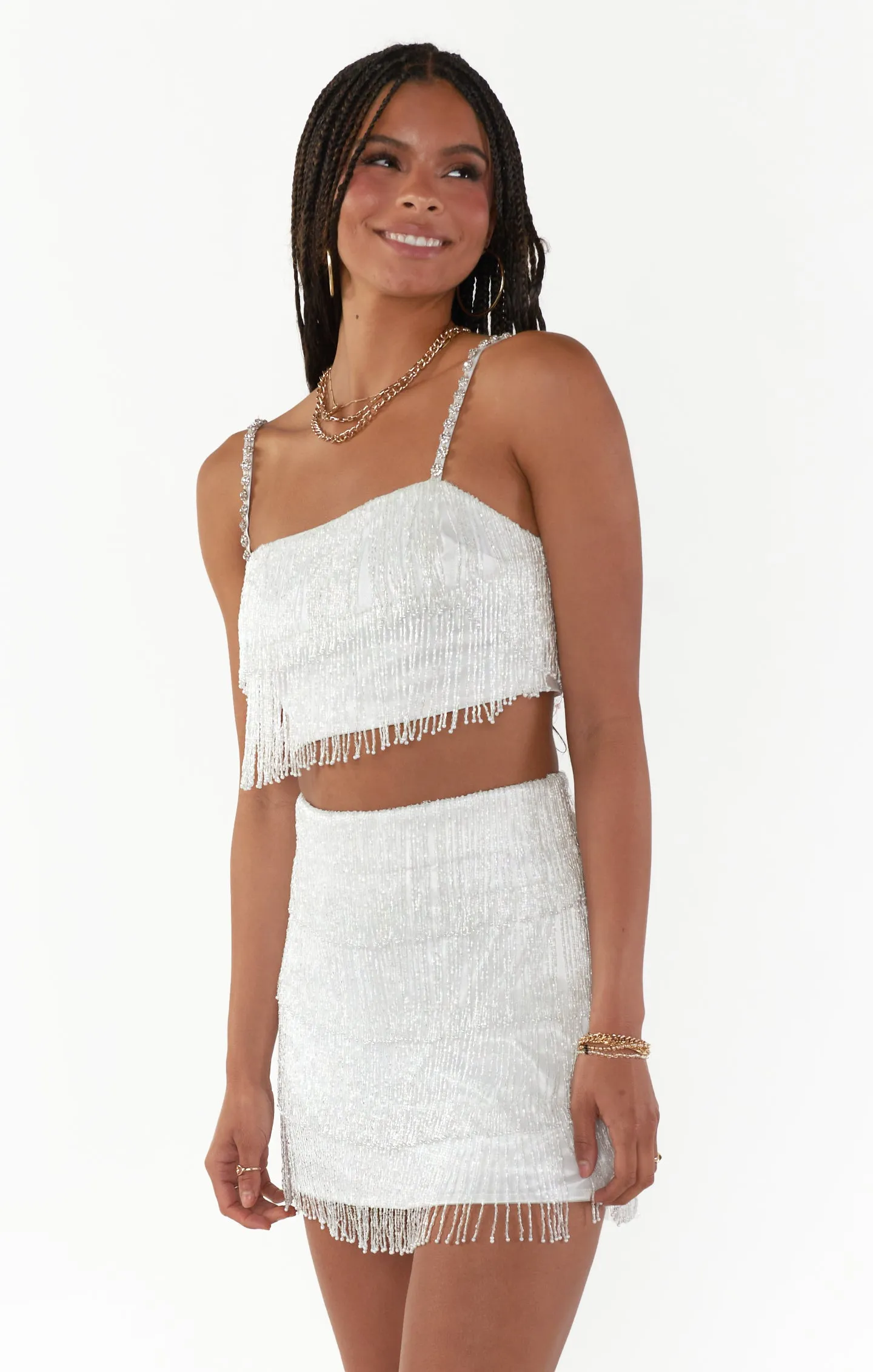 Swift Fringe Skort ~ White Beaded Fringe