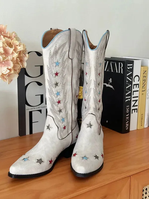 TAVIMART  -  Spring New Retro Star Boots Embroidered Pointed Western Cowboy Cowgirl Boots Women's Thick Heel High Boots Oldgringoboots