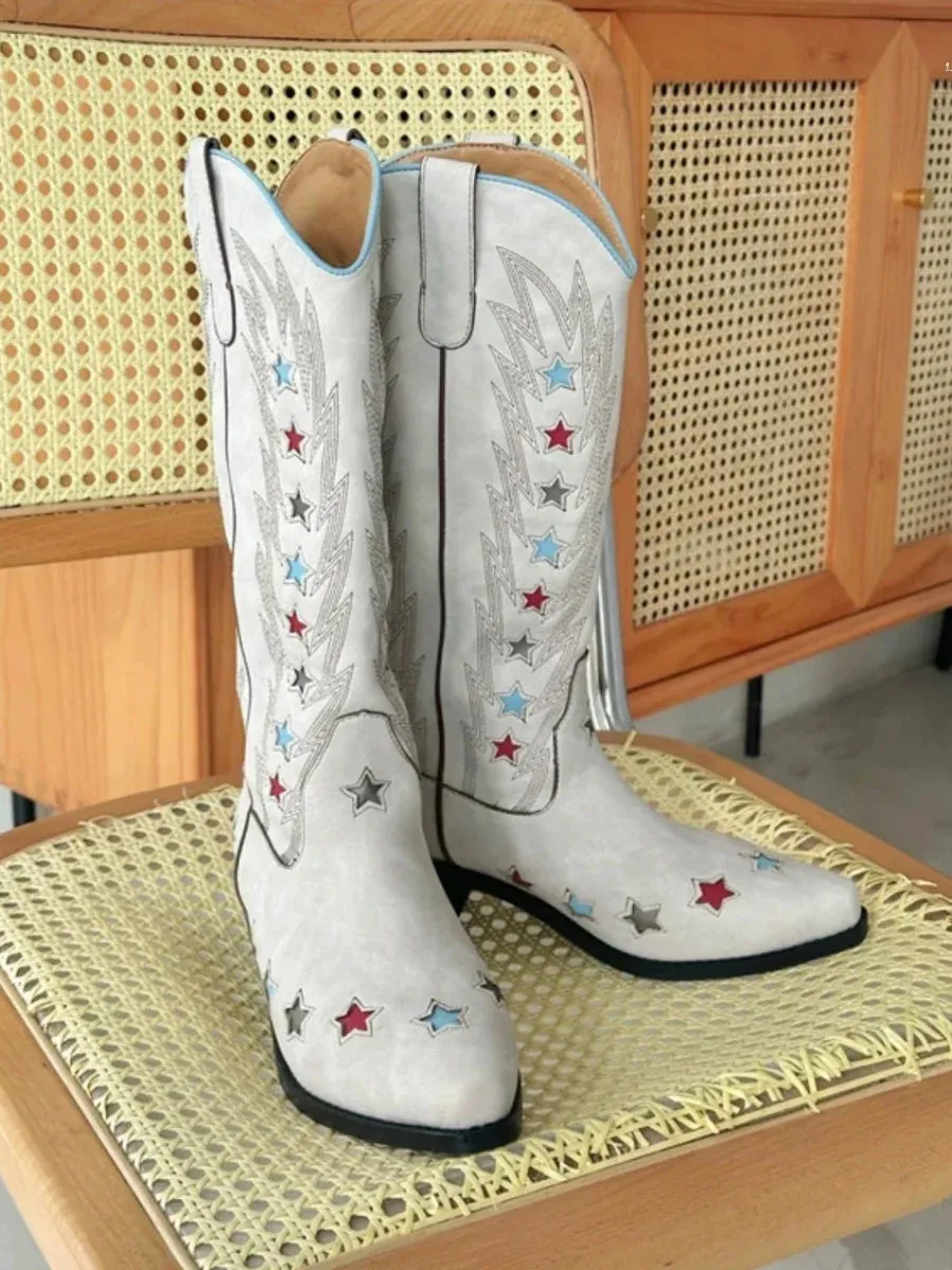 TAVIMART  -  Spring New Retro Star Boots Embroidered Pointed Western Cowboy Cowgirl Boots Women's Thick Heel High Boots Oldgringoboots