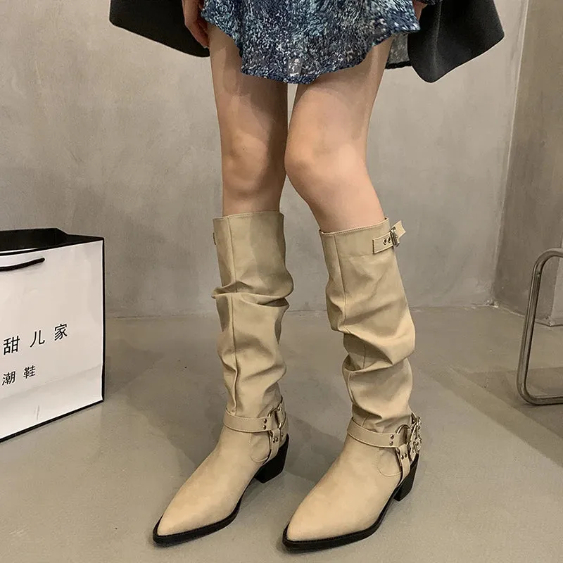 TAVIMART  -  Winter Western Cowboy Boots Women Fashion Slip On Long Boots Female Elegant Square Heel Women's Knight Botties