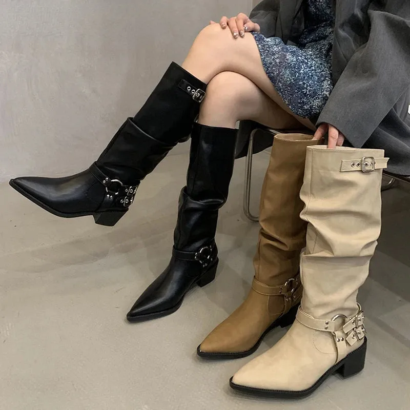 TAVIMART  -  Winter Western Cowboy Boots Women Fashion Slip On Long Boots Female Elegant Square Heel Women's Knight Botties