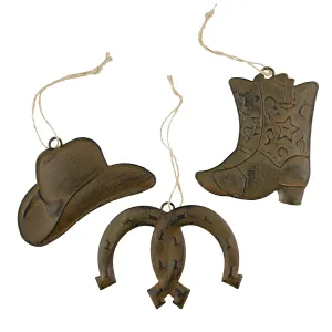 Tin Antique Rust Western Ornaments: Hat, Boot & Horseshoe (3)