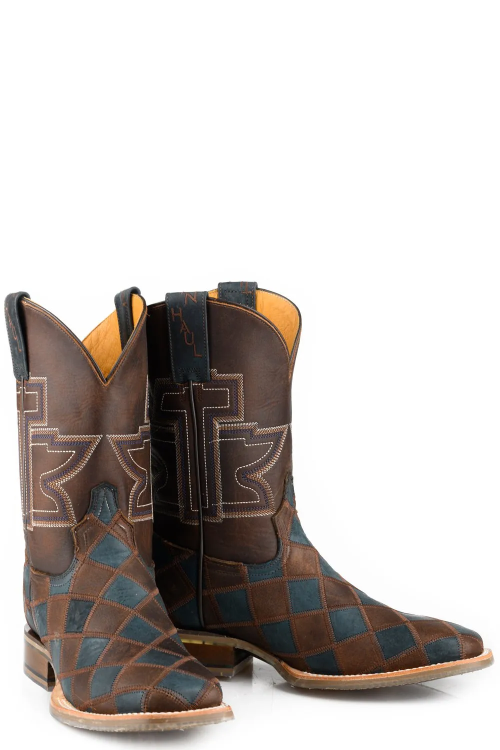 Tin Haul Mens Check Me Out Brown/Blue Leather Cowboy Boots