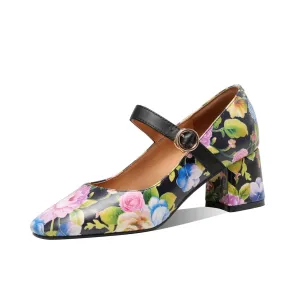 TinaCus Women's Floral Handmade Genuine Leather Buckle Chunky Heel Mary Jane Pumps