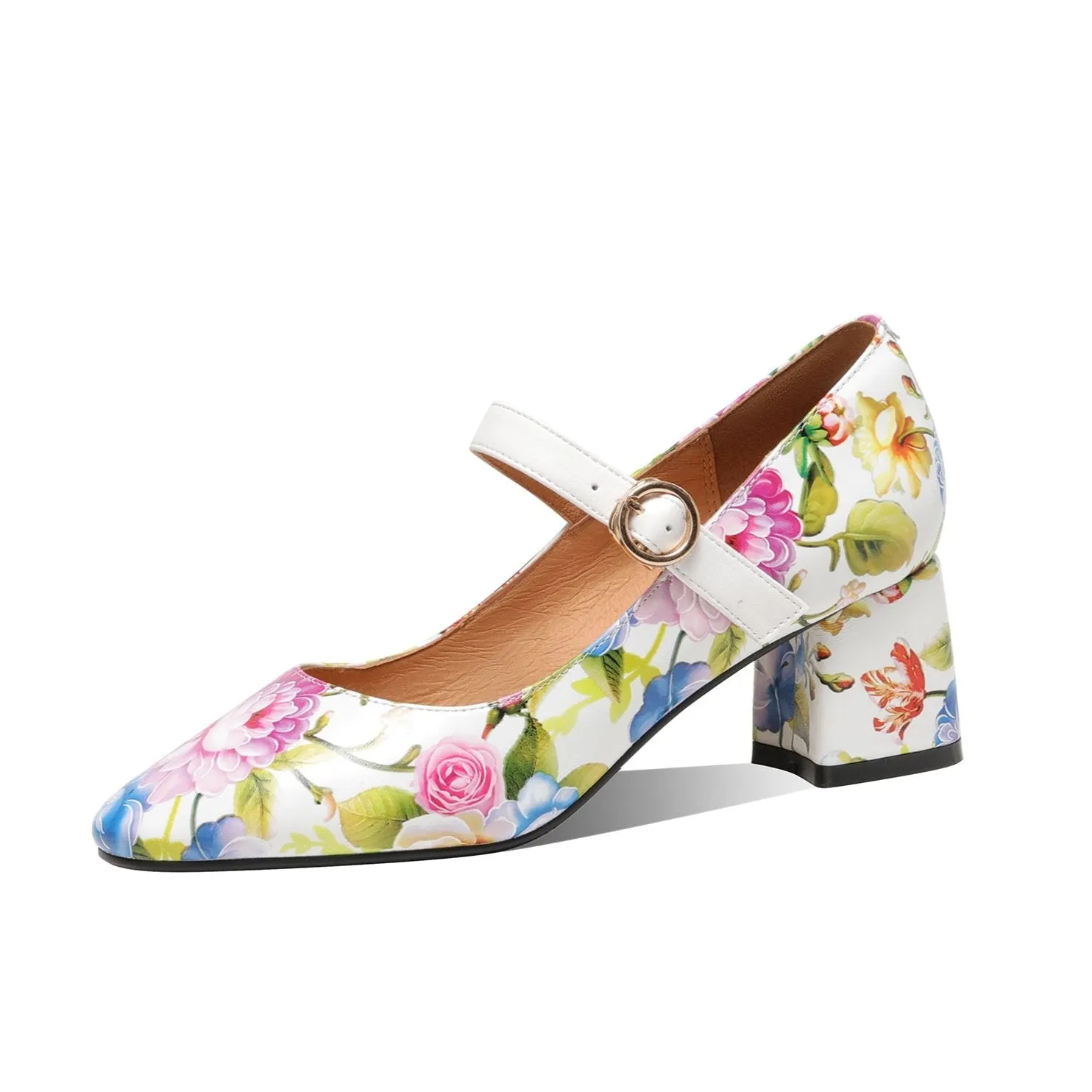 TinaCus Women's Floral Handmade Genuine Leather Buckle Chunky Heel Mary Jane Pumps