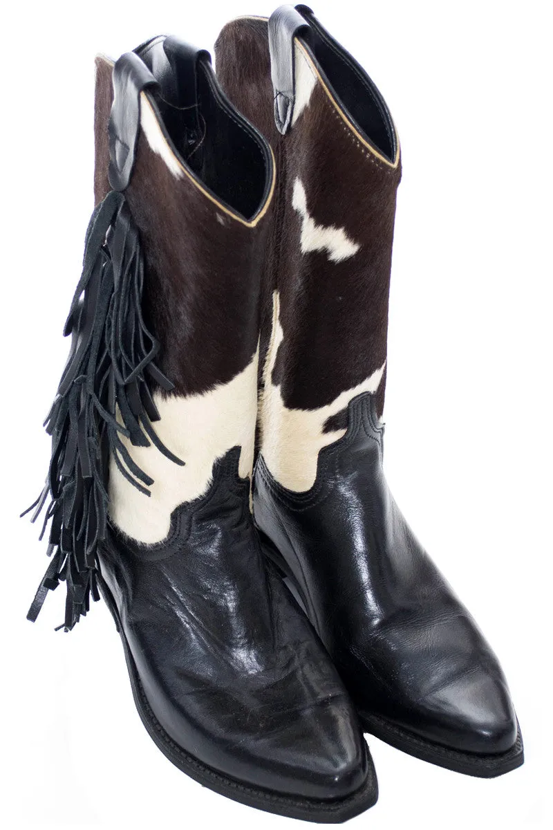 Vintage Black Leather Pony Fur Ladies Cowboy Boots 7.5 Cowgirl