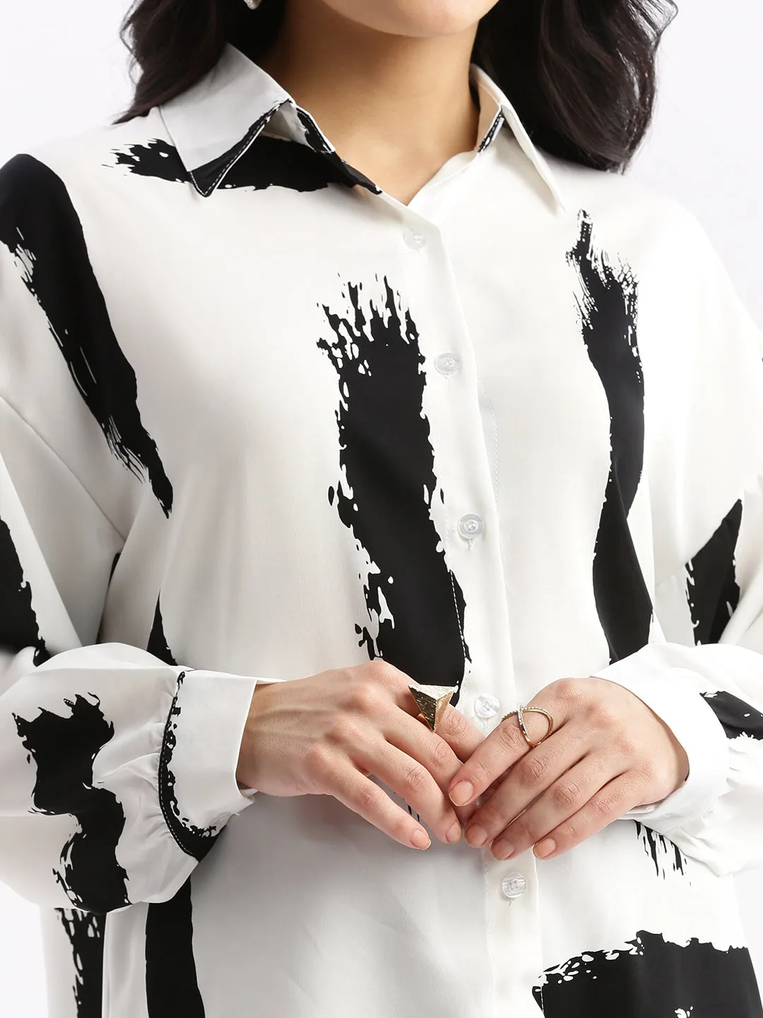 Women Abstract Off White Oversized Shirt