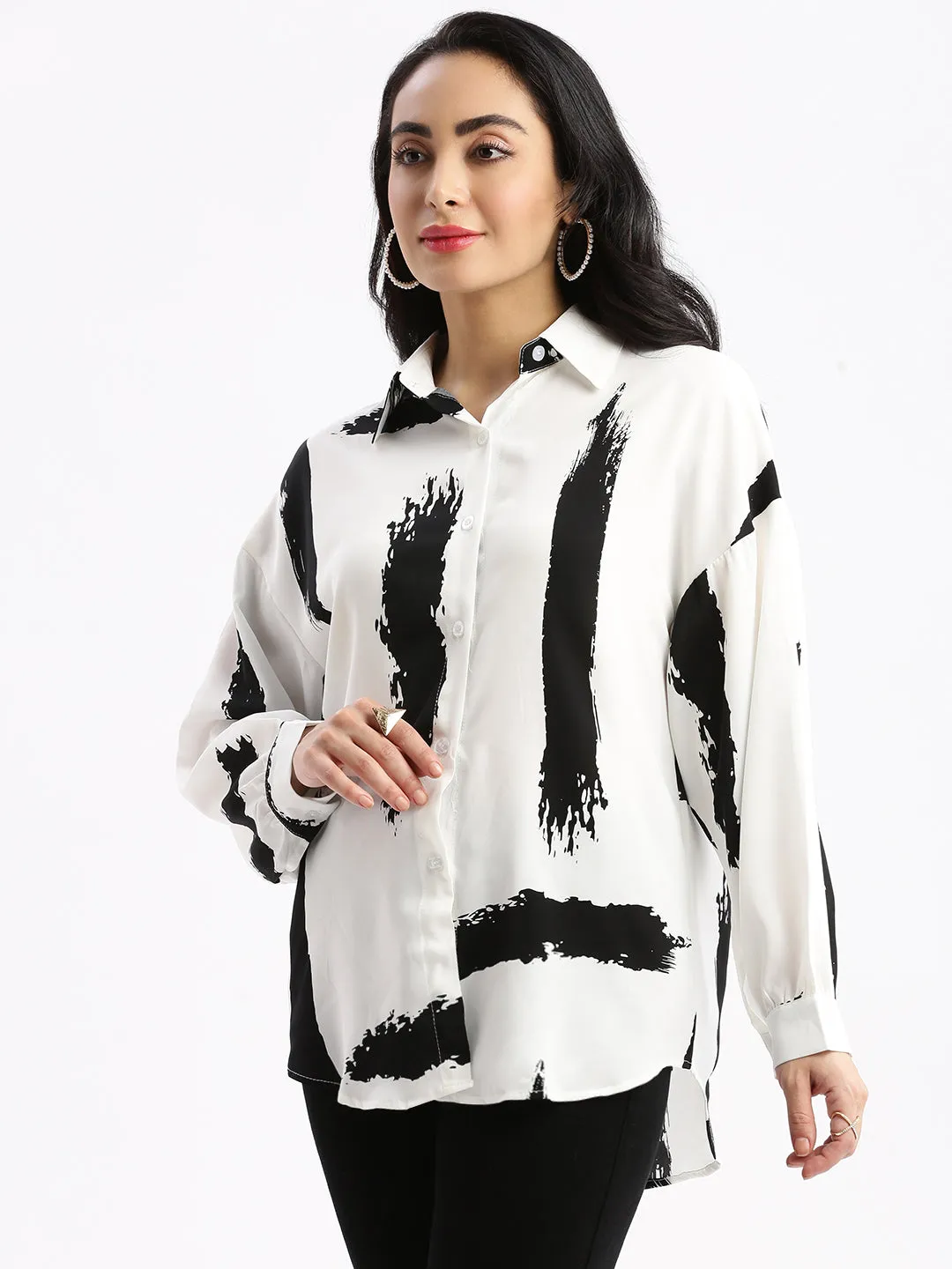 Women Abstract Off White Oversized Shirt