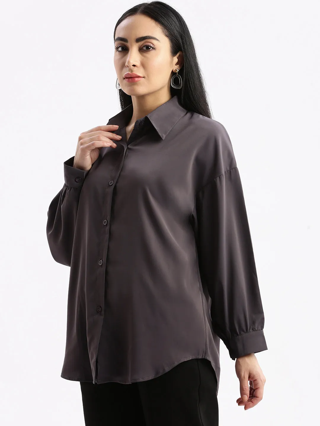 Women Solid Grey Oversized Shirt