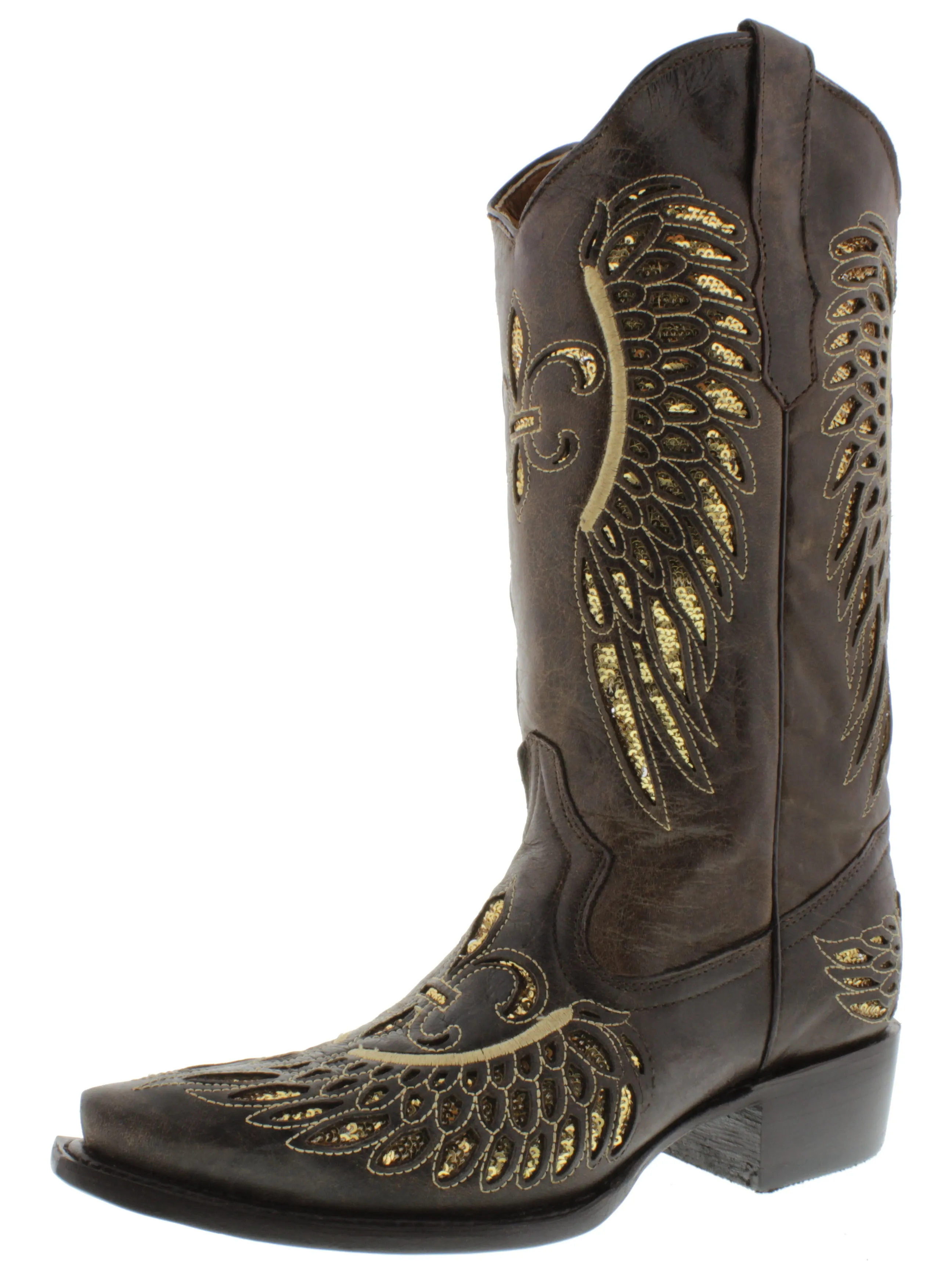 Womens Brown Cowboy Boots Fleur-De-Lis & Wings Gold Sequins - Snip Toe