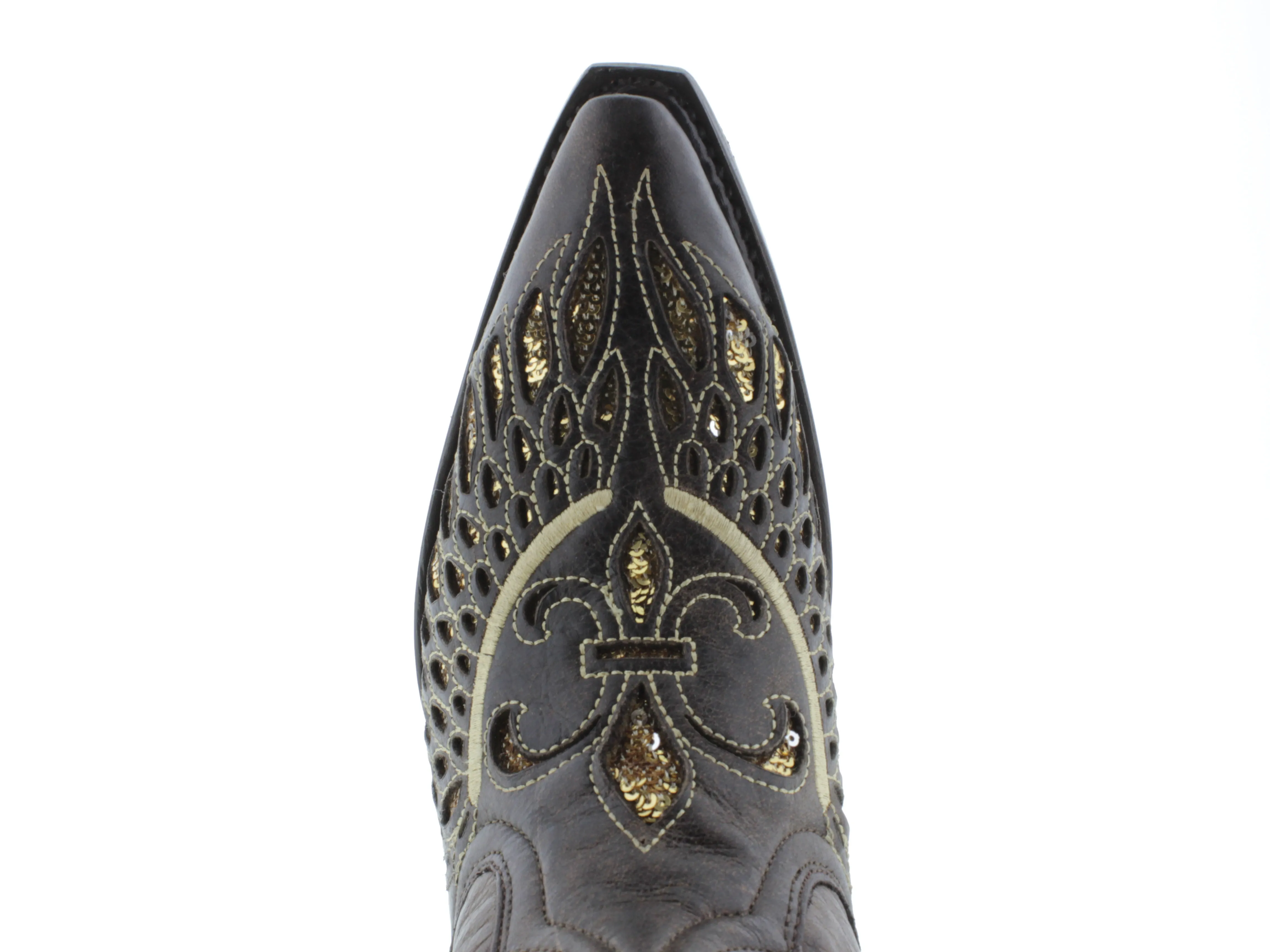 Womens Brown Cowboy Boots Fleur-De-Lis & Wings Gold Sequins - Snip Toe