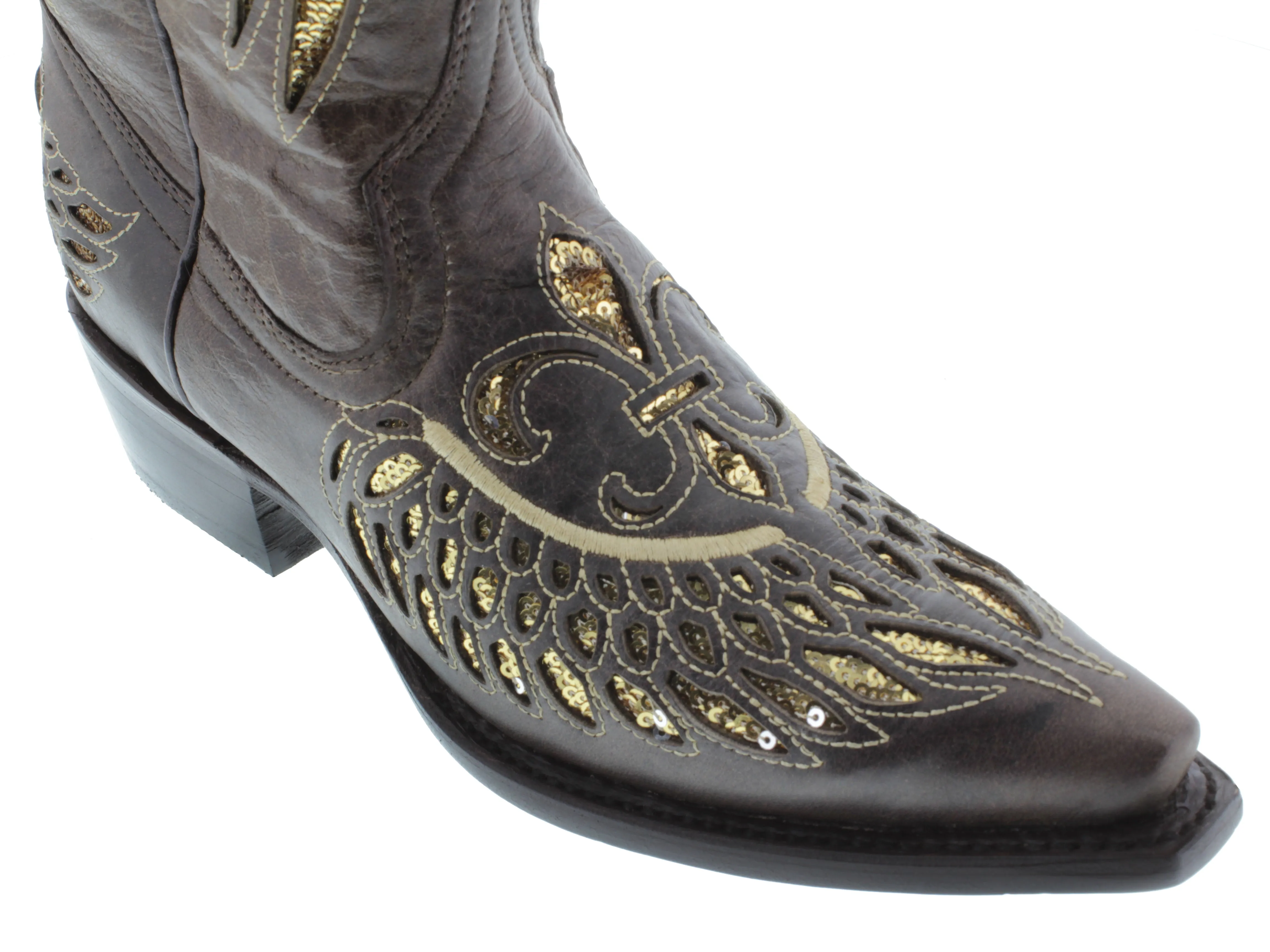 Womens Brown Cowboy Boots Fleur-De-Lis & Wings Gold Sequins - Snip Toe