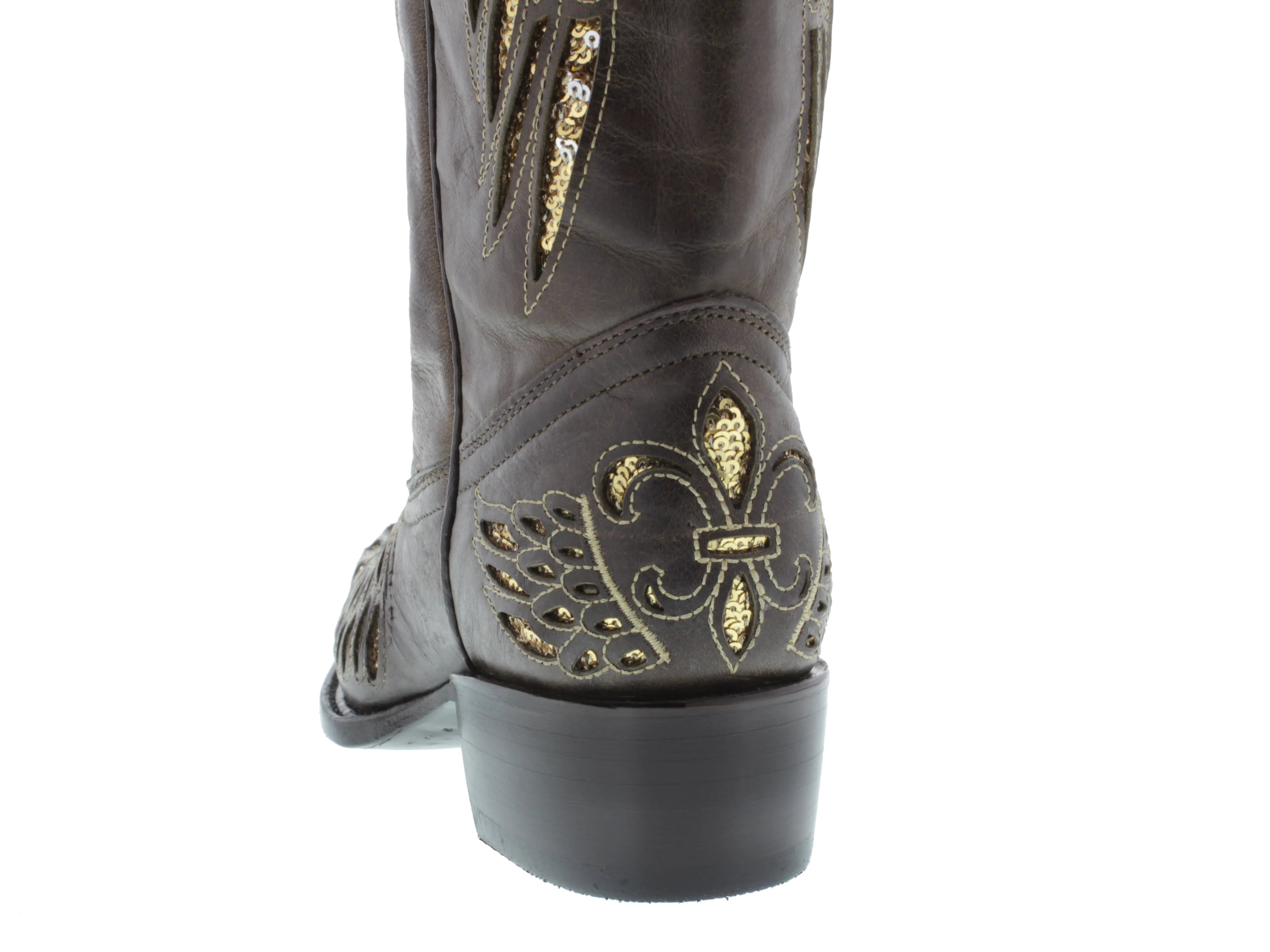 Womens Brown Cowboy Boots Fleur-De-Lis & Wings Gold Sequins - Snip Toe