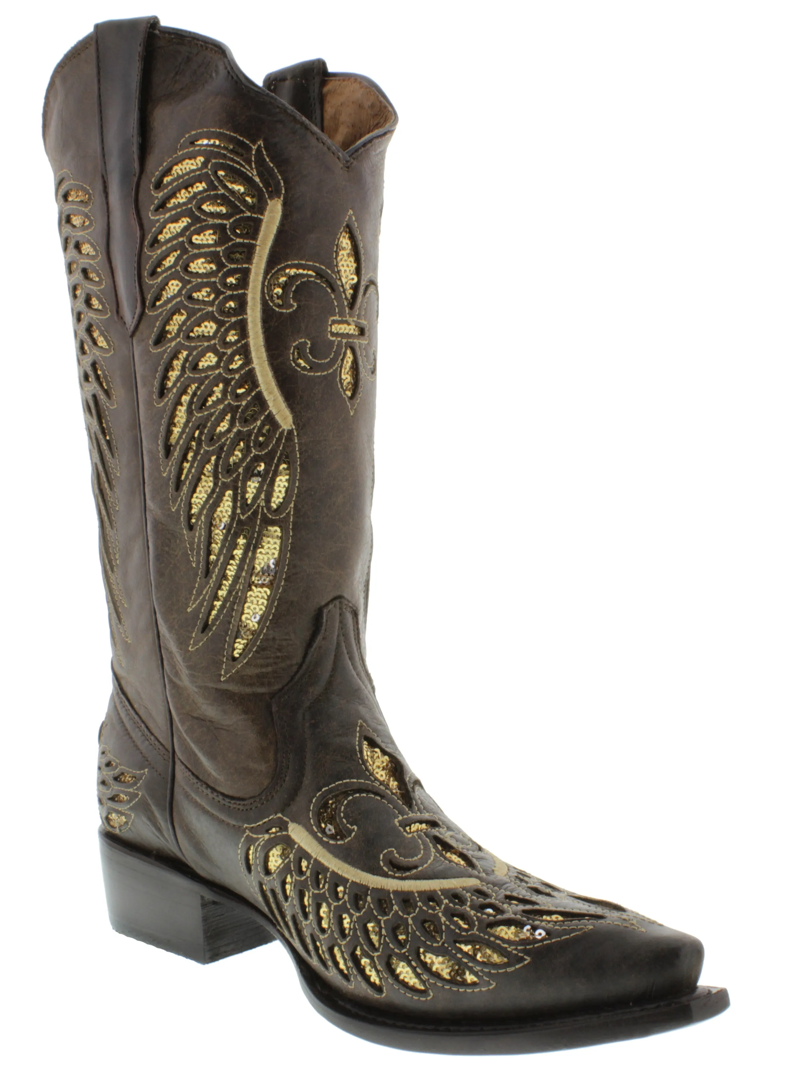 Womens Brown Cowboy Boots Fleur-De-Lis & Wings Gold Sequins - Snip Toe