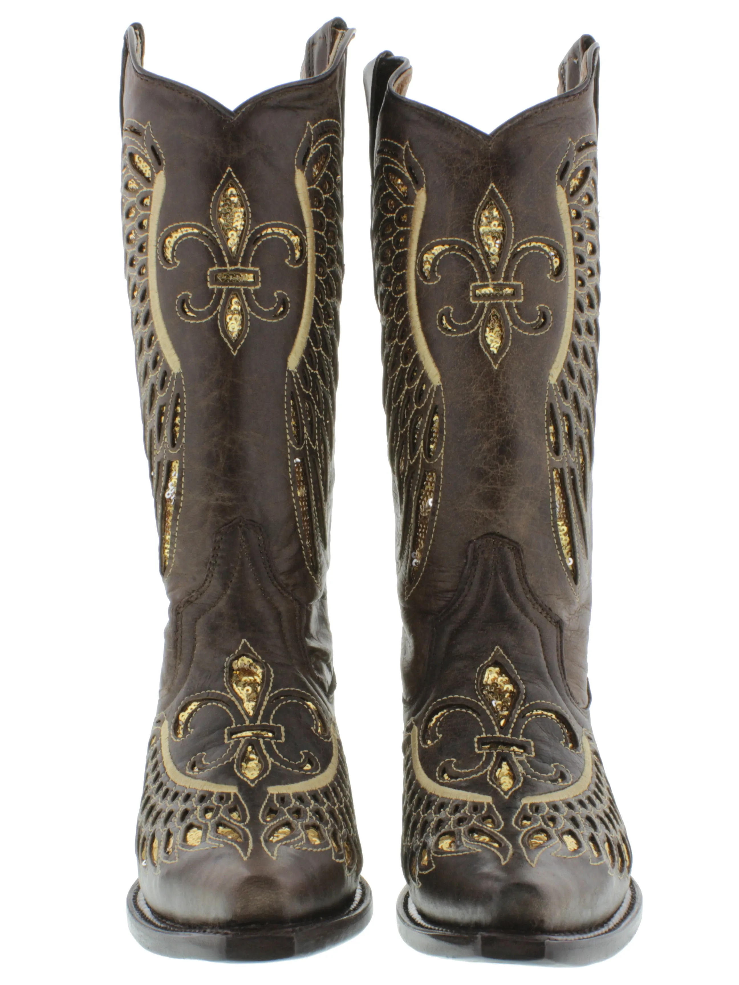 Womens Brown Cowboy Boots Fleur-De-Lis & Wings Gold Sequins - Snip Toe