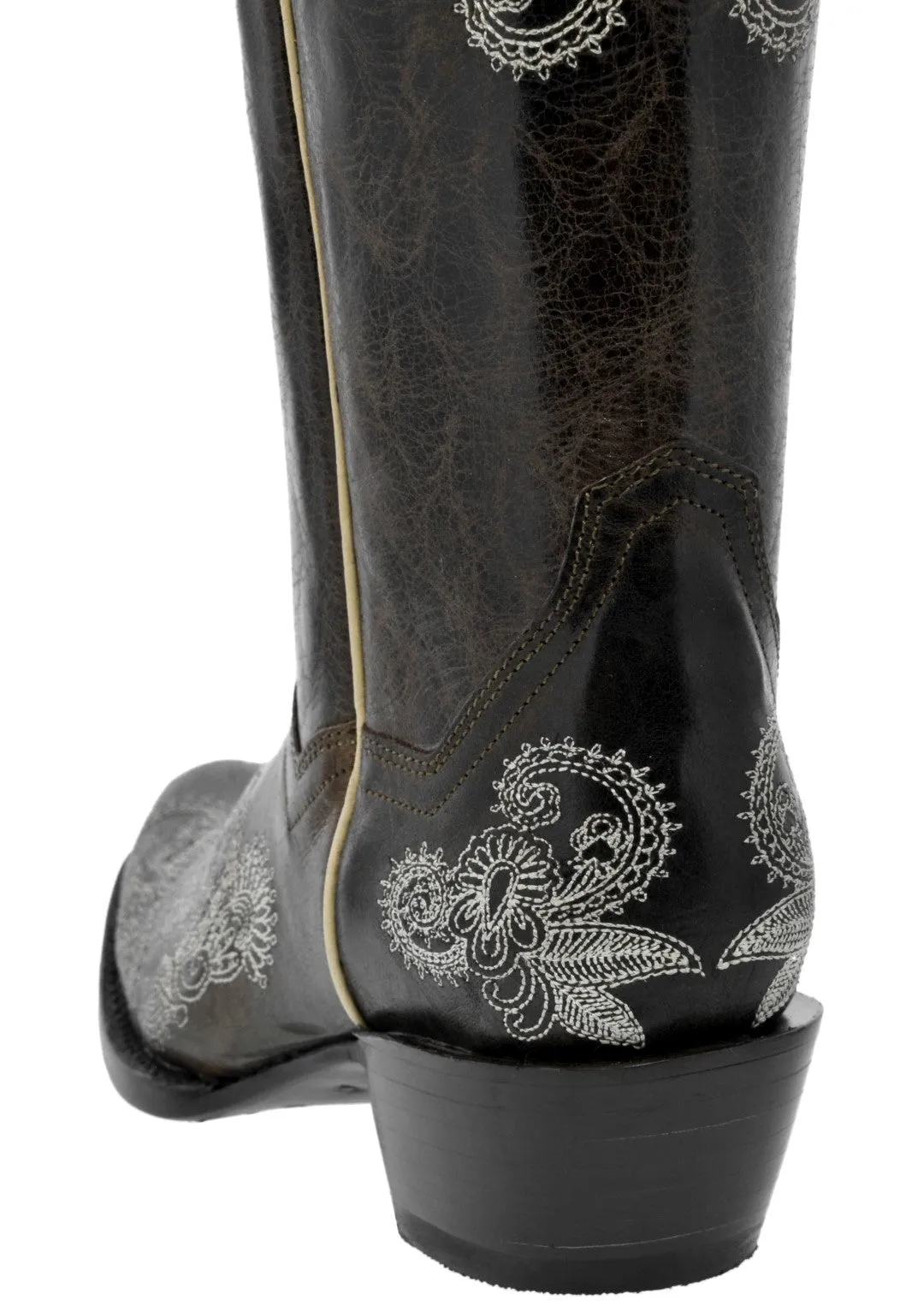 Womens Holly Dark Brown Cowboy Boots Floral Embroidered - Square Toe