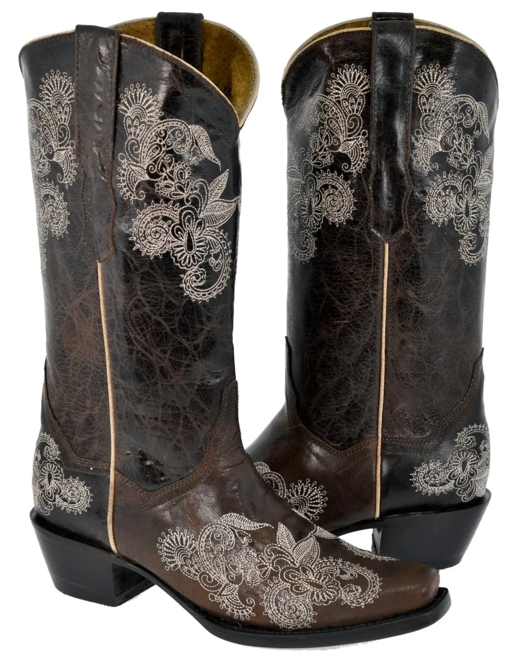 Womens Holly Dark Brown Cowboy Boots Floral Embroidered - Square Toe