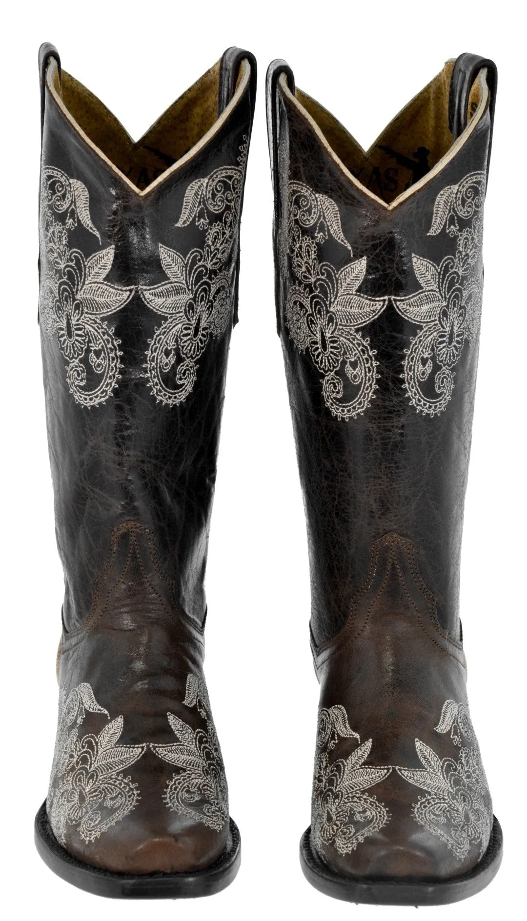 Womens Holly Dark Brown Cowboy Boots Floral Embroidered - Square Toe