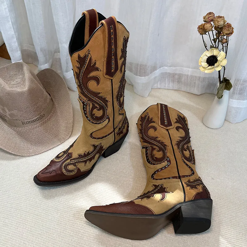 Womens Western Embroidered Boots Rivet Decorate- Brown Cowgirl Boots All Genuine Leather