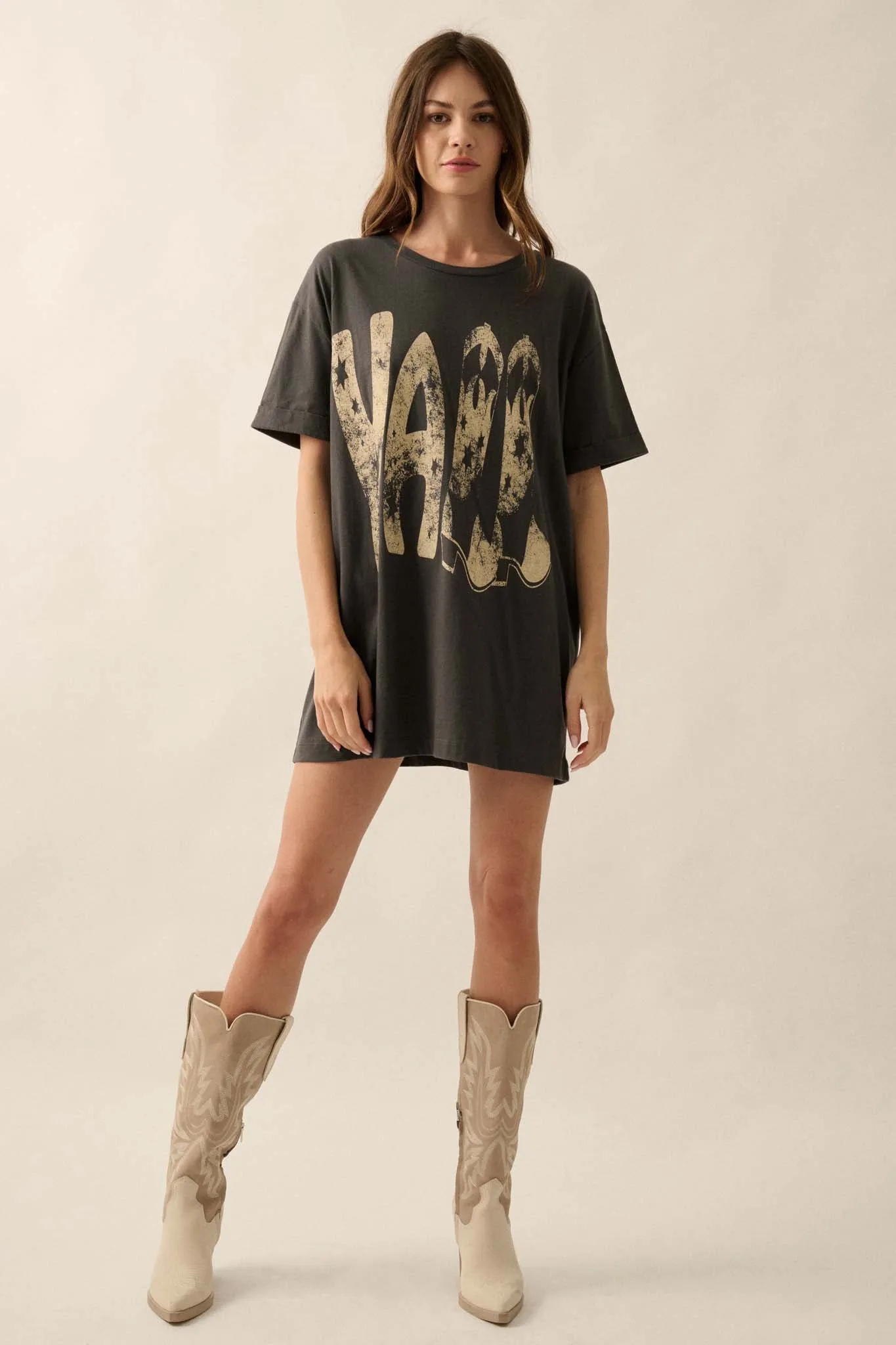 Y'all Cowboy Boots Oversize Cuffed Graphic Tee