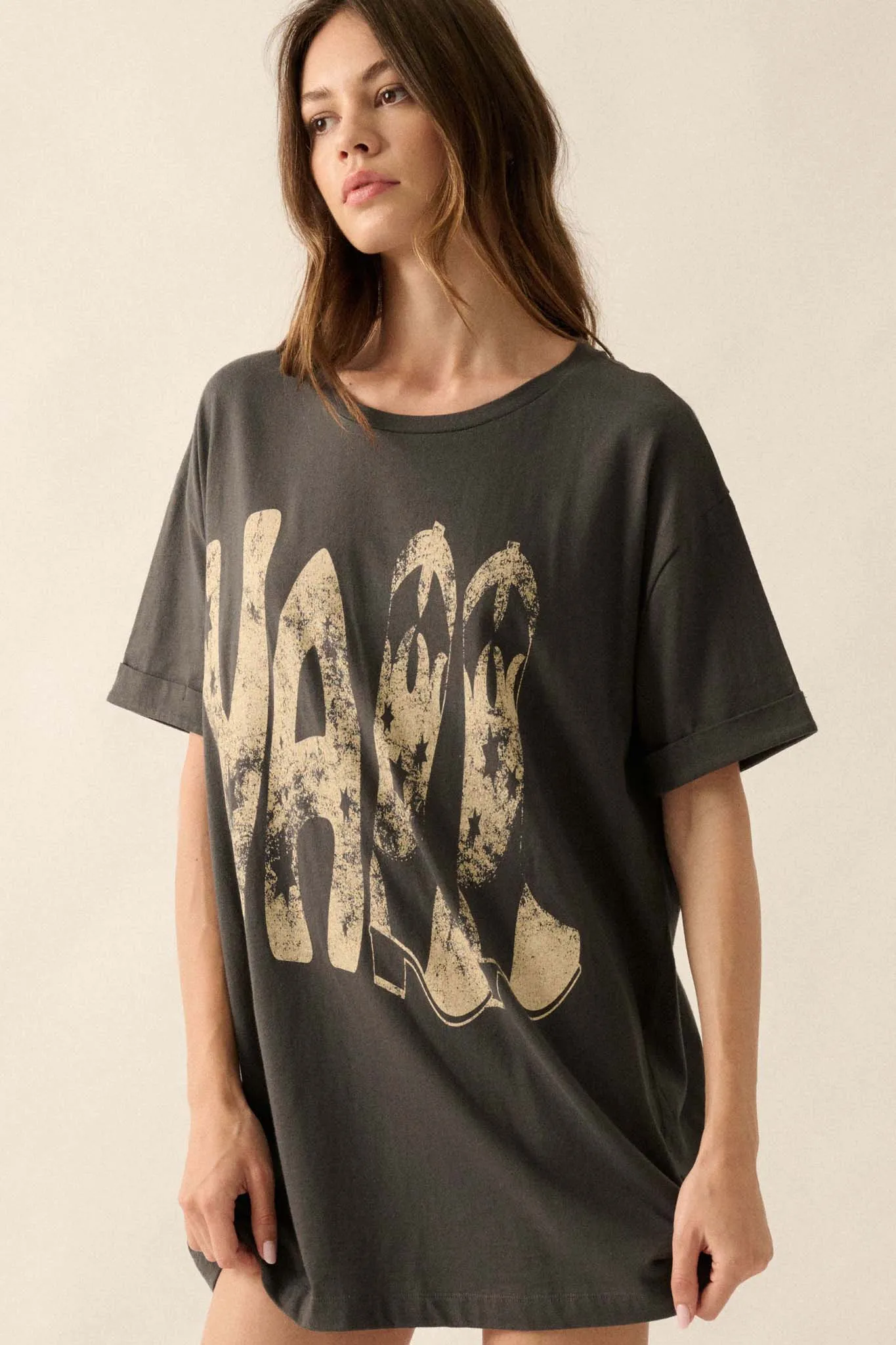 Y'all Cowboy Boots Oversize Cuffed Graphic Tee